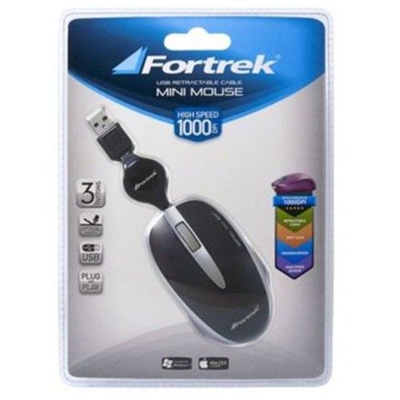 Mouse Óptico Retrátil USB 1000dpi Preto - FORTREK MM301